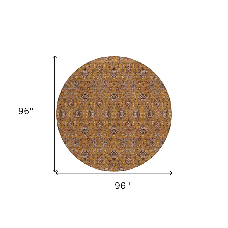 8' Copper Beige And Taupe Round Floral Washable Indoor Outdoor Area Rug