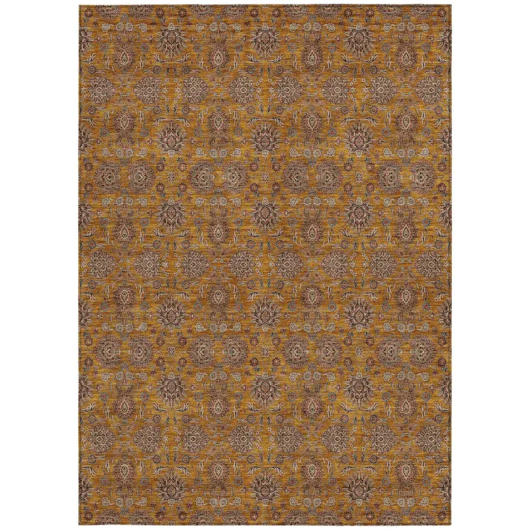 8' X 10' Copper Beige And Taupe Floral Washable Indoor Outdoor Area Rug