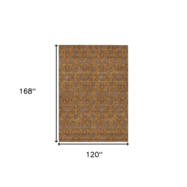 10' X 14' Copper Beige And Taupe Floral Washable Indoor Outdoor Area Rug