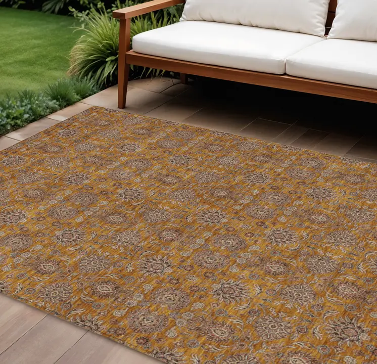 10' X 14' Copper Beige And Taupe Floral Washable Indoor Outdoor Area Rug