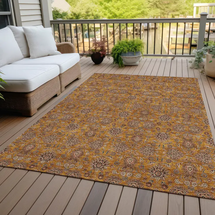 10' X 14' Copper Beige And Taupe Floral Washable Indoor Outdoor Area Rug