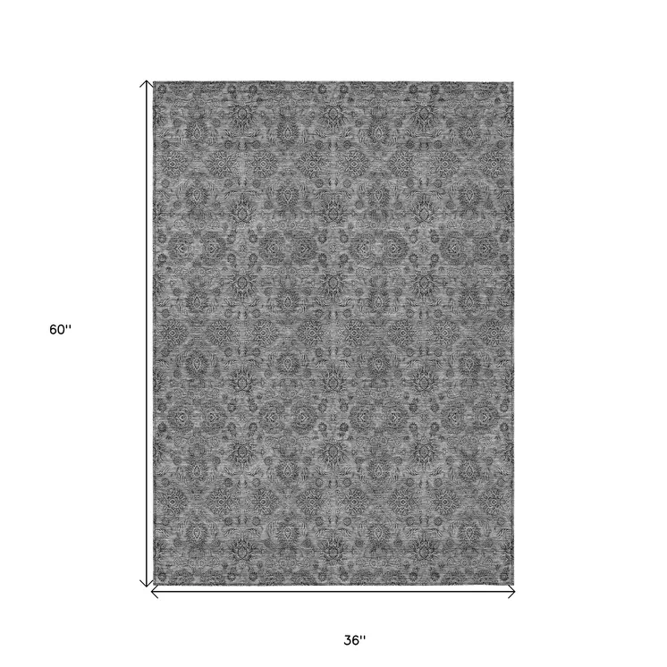 3' X 5' Gray Silver And Charcoal Floral Washable Indoor Outdoor Area Rug