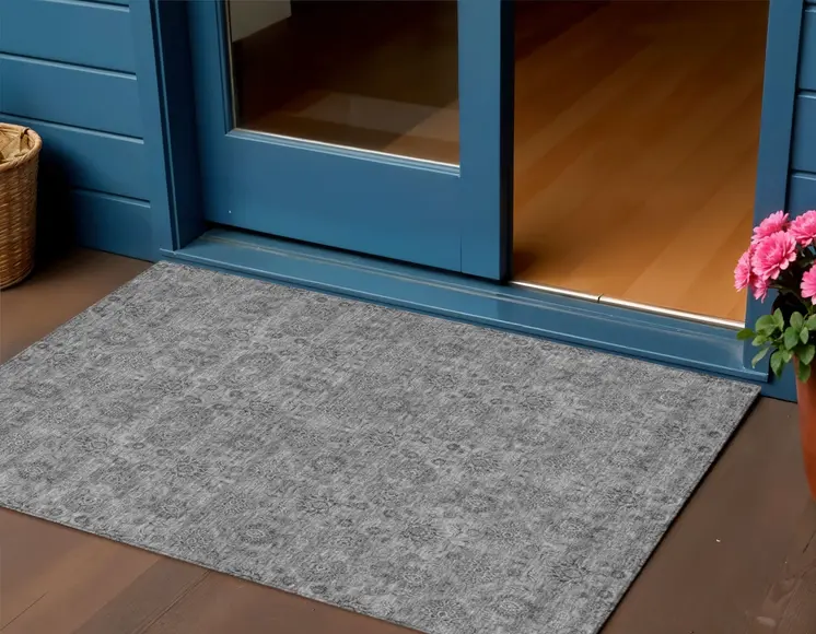 3' X 5' Gray Silver And Charcoal Floral Washable Indoor Outdoor Area Rug