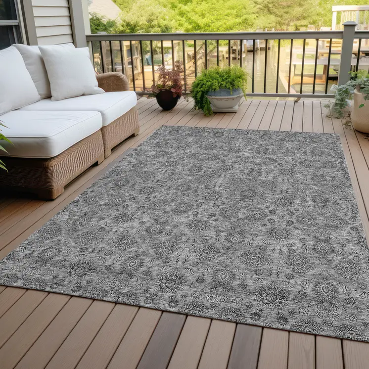 3' X 5' Gray Silver And Charcoal Floral Washable Indoor Outdoor Area Rug