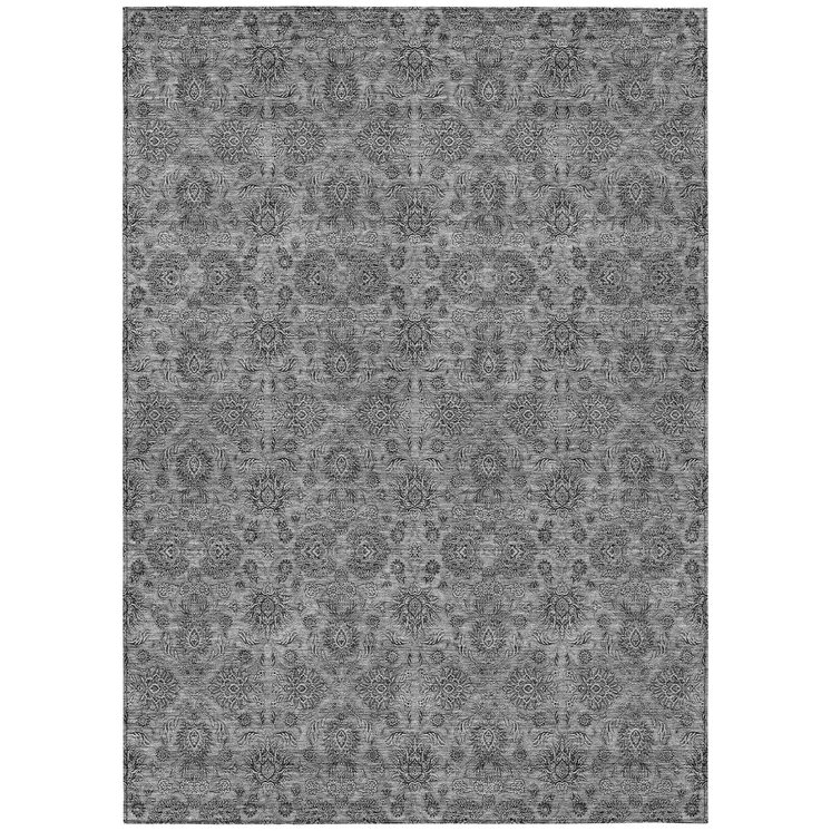 3' X 5' Gray Silver And Charcoal Floral Washable Indoor Outdoor Area Rug