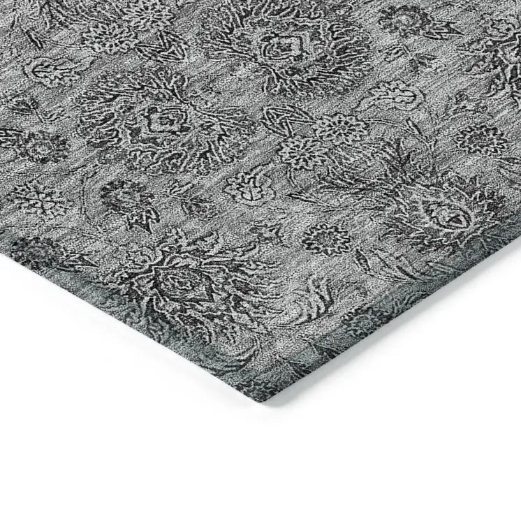 3' X 5' Gray Silver And Charcoal Floral Washable Indoor Outdoor Area Rug