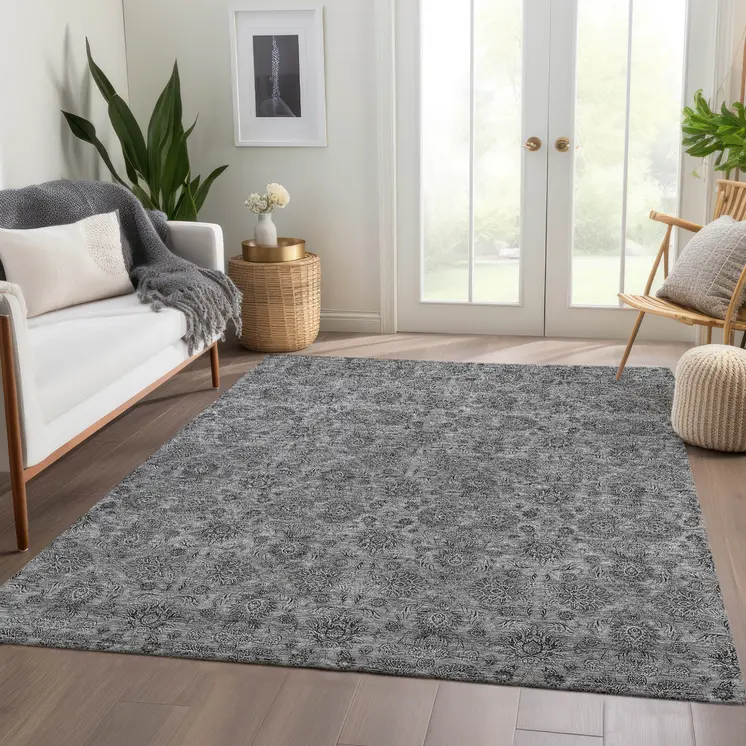 3' X 5' Gray Silver And Charcoal Floral Washable Indoor Outdoor Area Rug