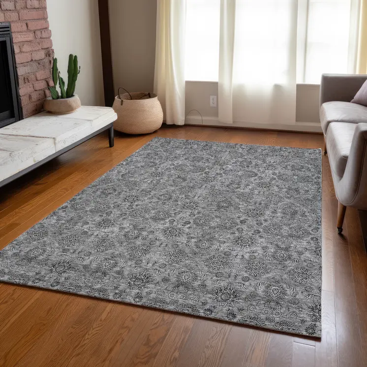 3' X 5' Gray Silver And Charcoal Floral Washable Indoor Outdoor Area Rug