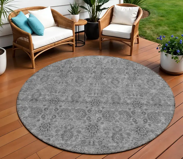 8' Gray Silver And Charcoal Round Floral Washable Indoor Outdoor Area Rug
