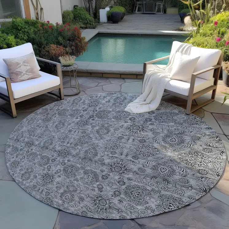 8' Gray Silver And Charcoal Round Floral Washable Indoor Outdoor Area Rug