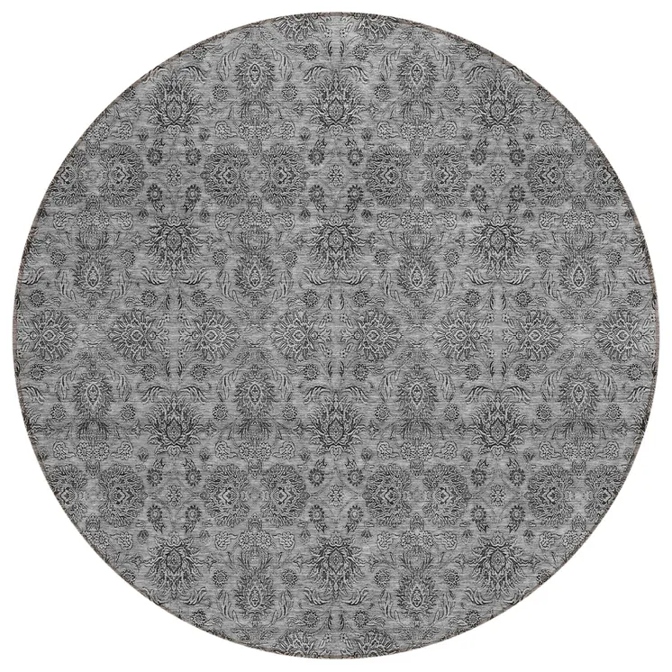 8' Gray Silver And Charcoal Round Floral Washable Indoor Outdoor Area Rug