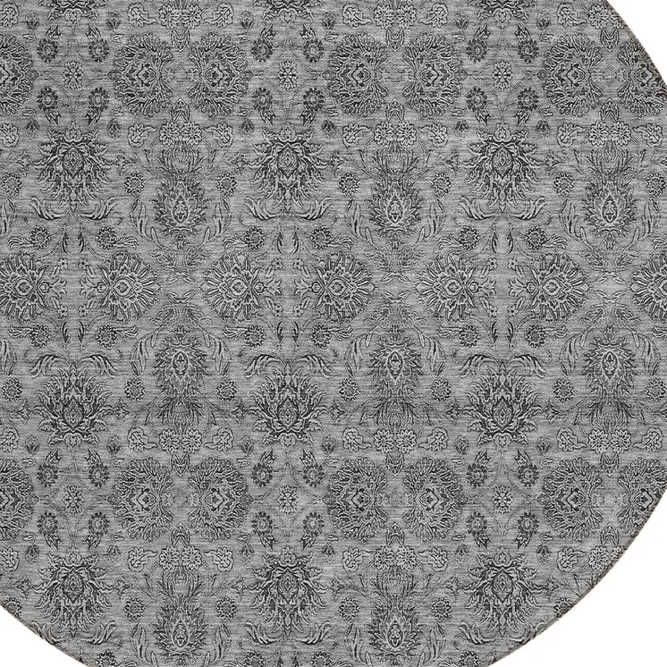 8' Gray Silver And Charcoal Round Floral Washable Indoor Outdoor Area Rug