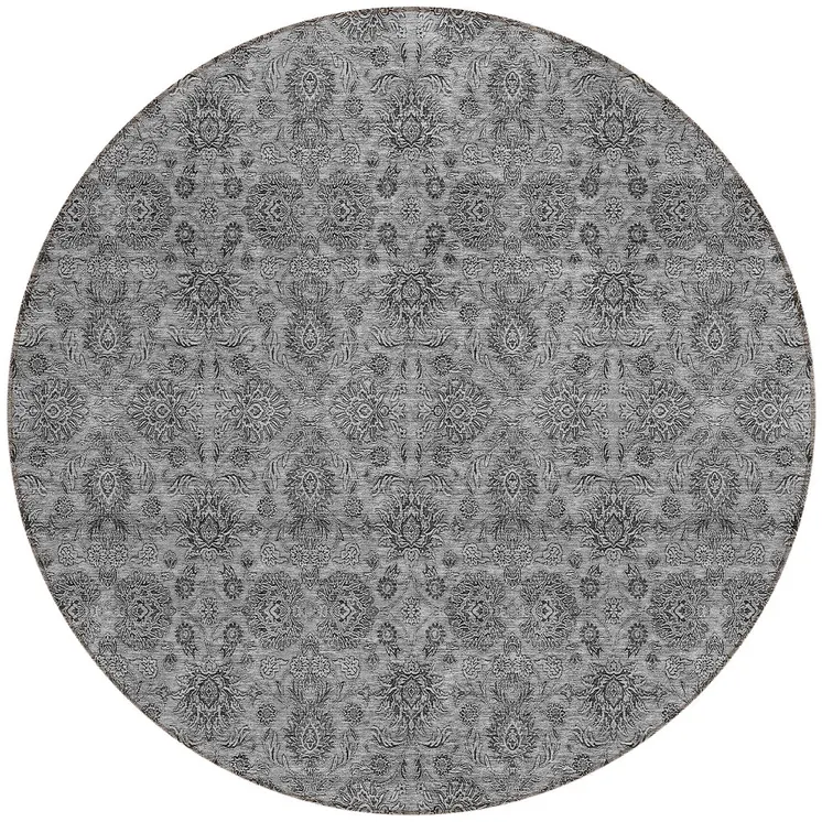 8' Gray Silver And Charcoal Round Floral Washable Indoor Outdoor Area Rug