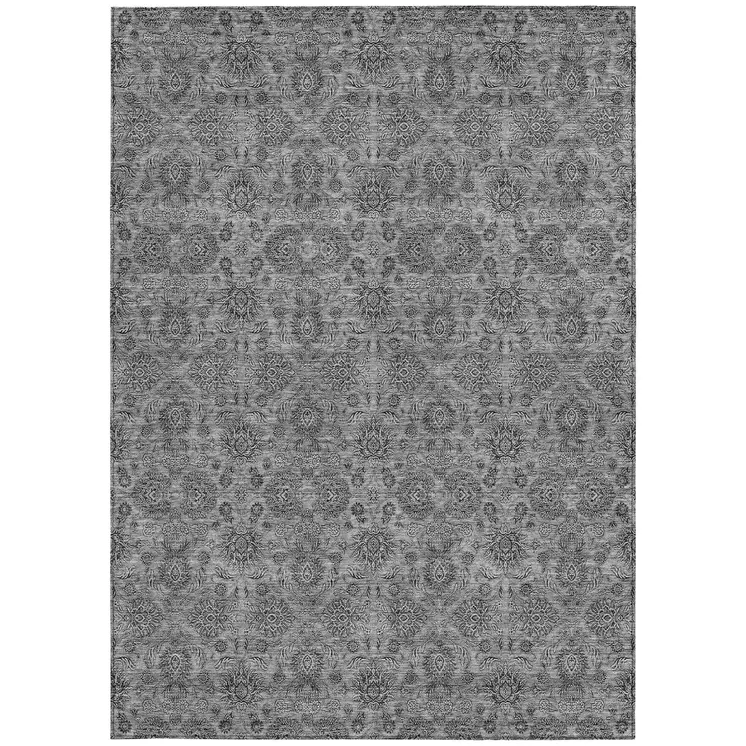 8' X 10' Gray Silver And Charcoal Floral Washable Indoor Outdoor Area Rug