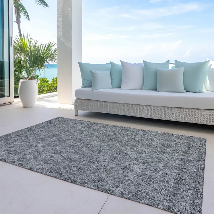 8' X 10' Gray Silver And Charcoal Floral Washable Indoor Outdoor Area Rug