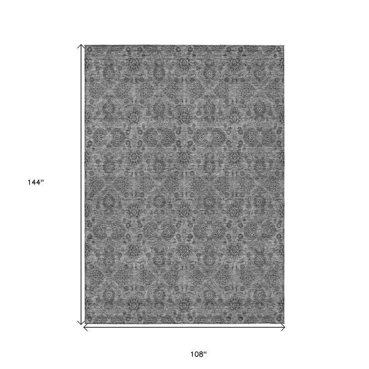 9' X 12' Gray Silver And Charcoal Floral Washable Indoor Outdoor Area Rug