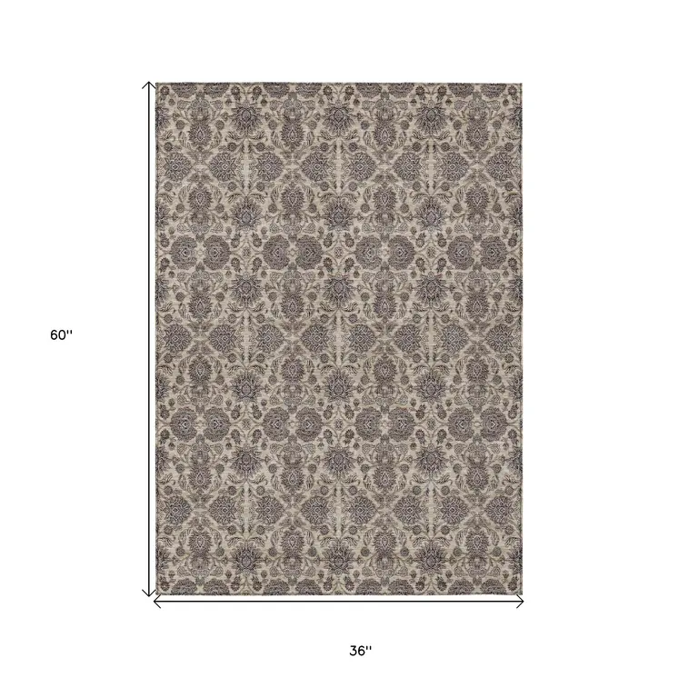 3' X 5' Ivory Taupe And Beige Floral Washable Indoor Outdoor Area Rug