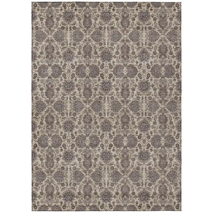 3' X 5' Ivory Taupe And Beige Floral Washable Indoor Outdoor Area Rug