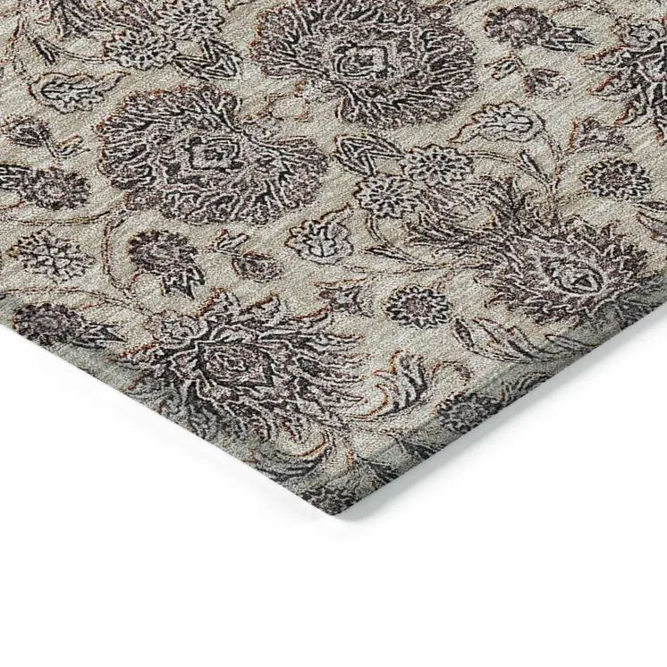 3' X 5' Ivory Taupe And Beige Floral Washable Indoor Outdoor Area Rug