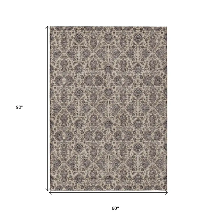 5' X 8' Ivory Taupe And Beige Floral Washable Indoor Outdoor Area Rug