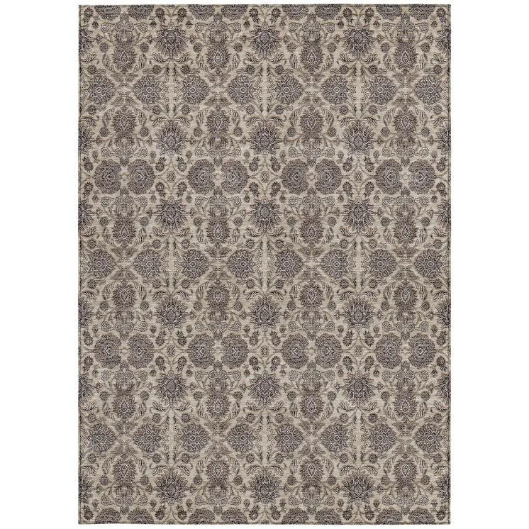 5' X 8' Ivory Taupe And Beige Floral Washable Indoor Outdoor Area Rug