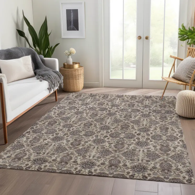 5' X 8' Ivory Taupe And Beige Floral Washable Indoor Outdoor Area Rug