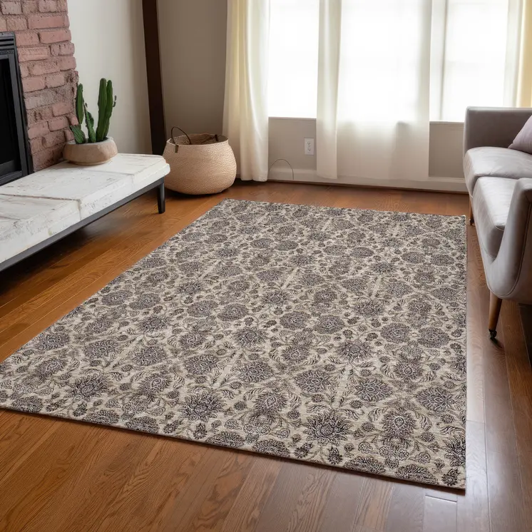 5' X 8' Ivory Taupe And Beige Floral Washable Indoor Outdoor Area Rug