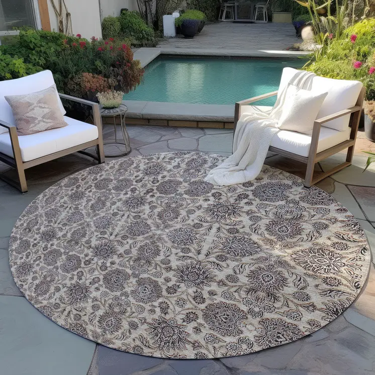 8' Ivory Taupe And Beige Round Floral Washable Indoor Outdoor Area Rug