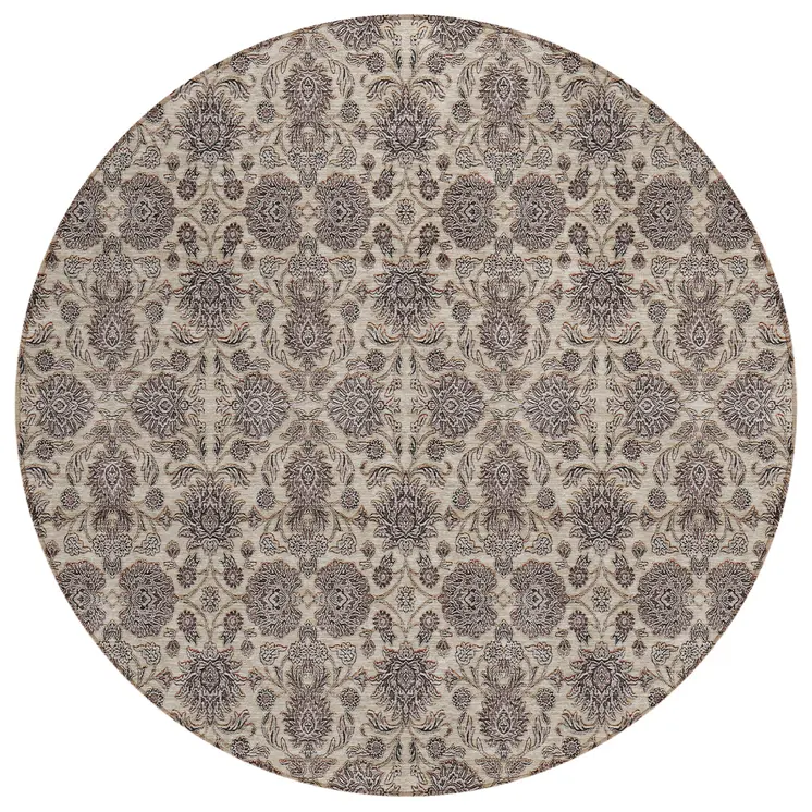 8' Ivory Taupe And Beige Round Floral Washable Indoor Outdoor Area Rug