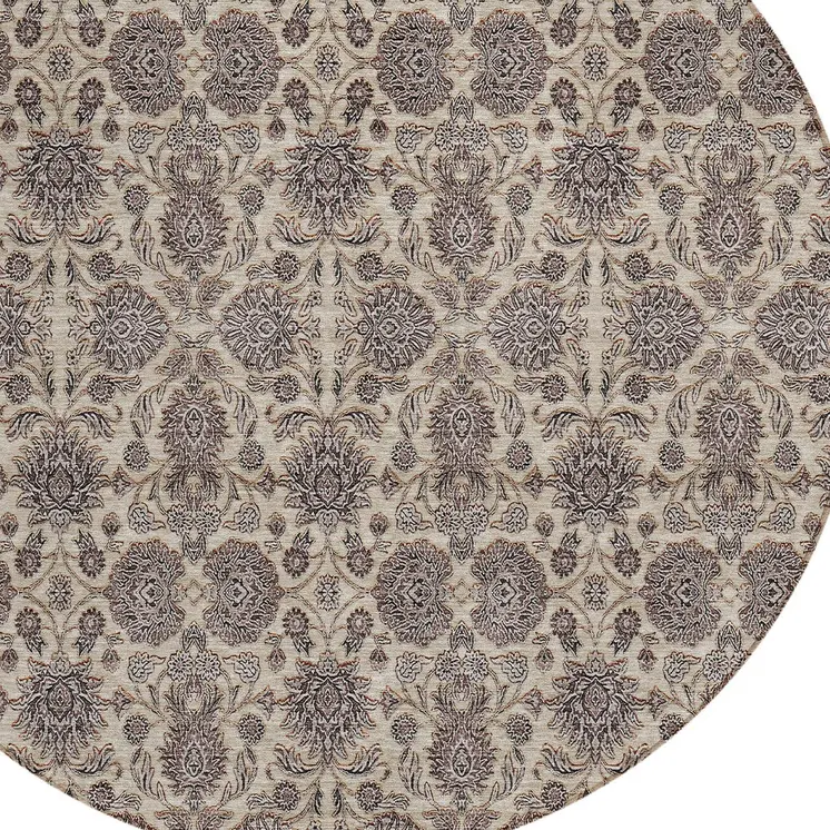8' Ivory Taupe And Beige Round Floral Washable Indoor Outdoor Area Rug