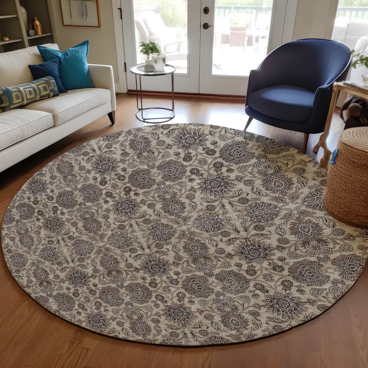 8' Ivory Taupe And Beige Round Floral Washable Indoor Outdoor Area Rug