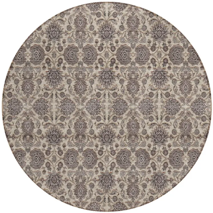 8' Ivory Taupe And Beige Round Floral Washable Indoor Outdoor Area Rug