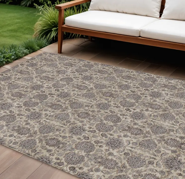 8' X 10' Ivory Taupe And Beige Floral Washable Indoor Outdoor Area Rug