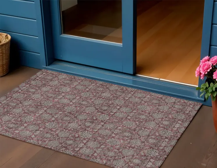 3' X 5' Merlot Gray And Taupe Floral Washable Indoor Outdoor Area Rug