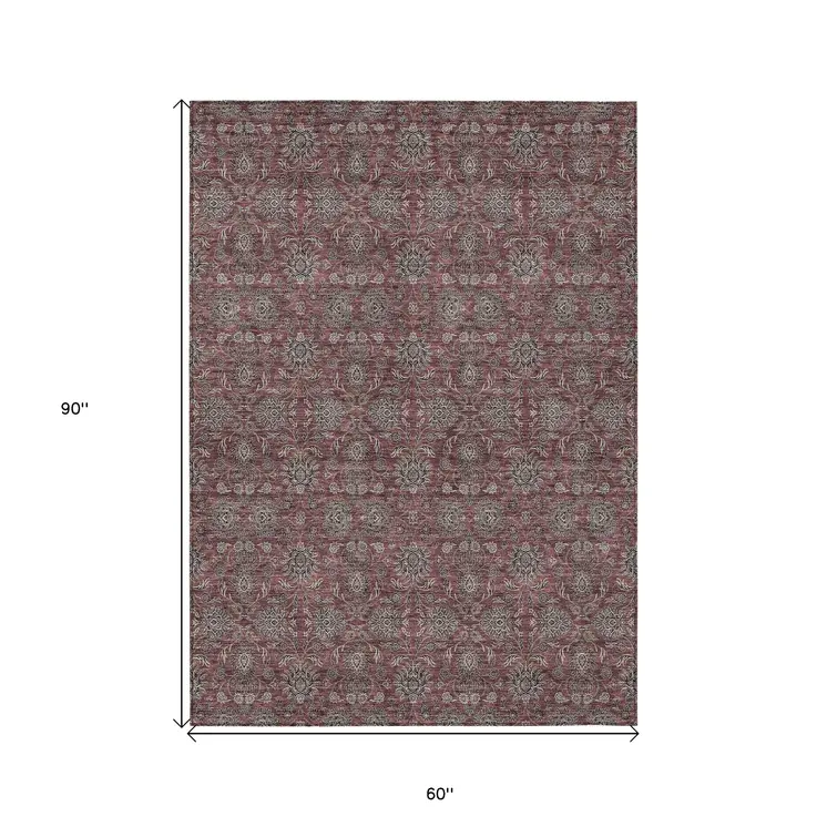 5' X 8' Merlot Gray And Taupe Floral Washable Indoor Outdoor Area Rug