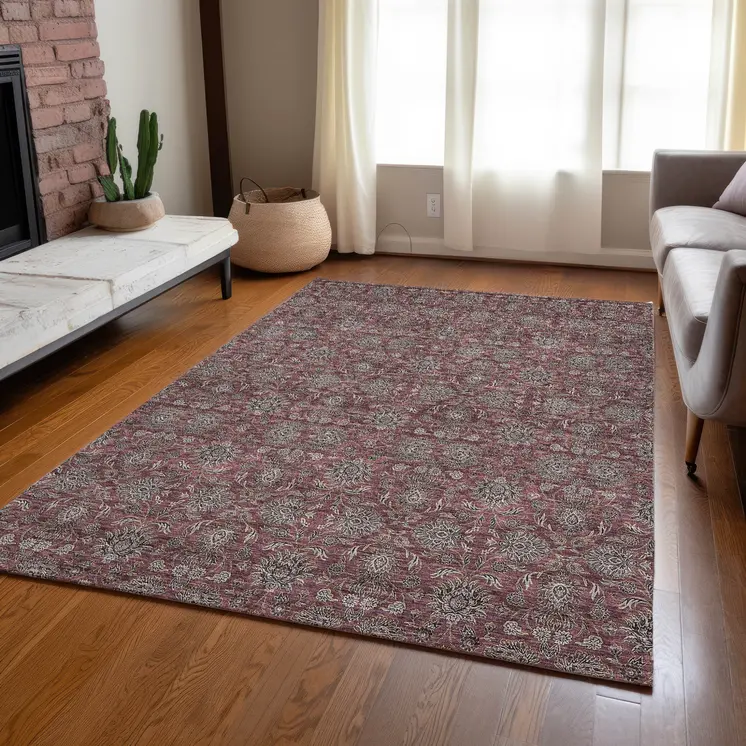 10' X 14' Merlot Gray And Taupe Floral Washable Indoor Outdoor Area Rug
