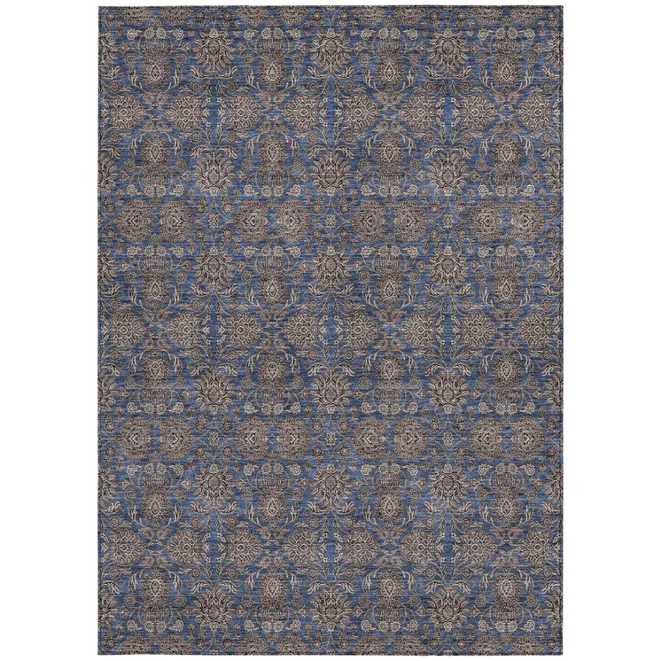 3' X 5' Navy Blue Beige And Taupe Floral Washable Indoor Outdoor Area Rug