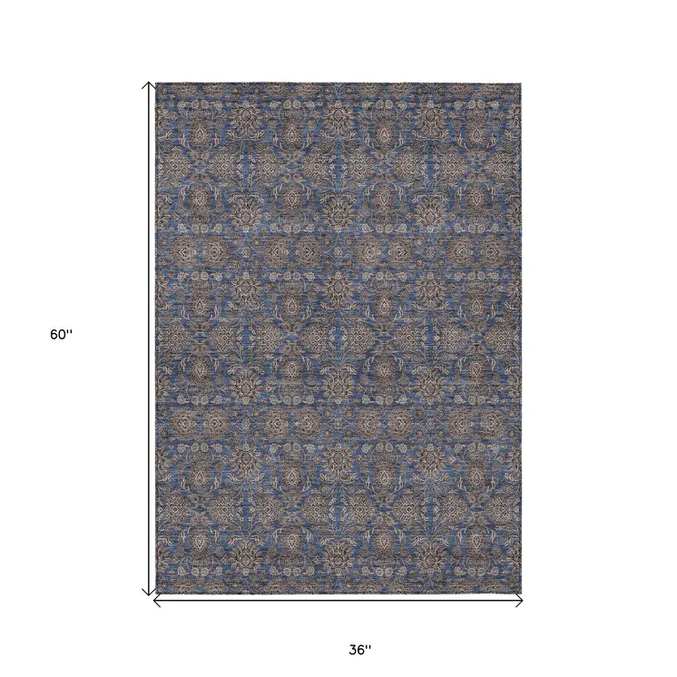 3' X 5' Navy Blue Beige And Taupe Floral Washable Indoor Outdoor Area Rug