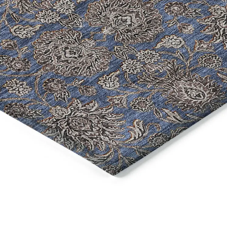 5' X 8' Navy Blue Beige And Taupe Floral Washable Indoor Outdoor Area Rug