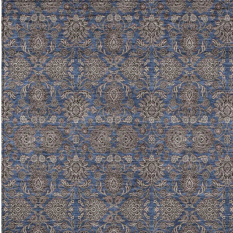 5' X 8' Navy Blue Beige And Taupe Floral Washable Indoor Outdoor Area Rug
