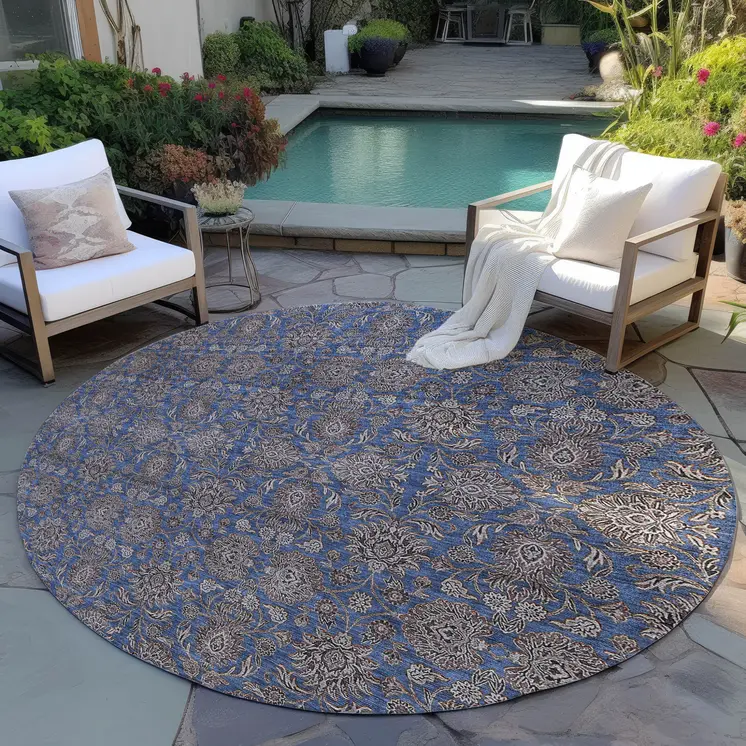8' Navy Blue Beige And Taupe Round Floral Washable Indoor Outdoor Area Rug