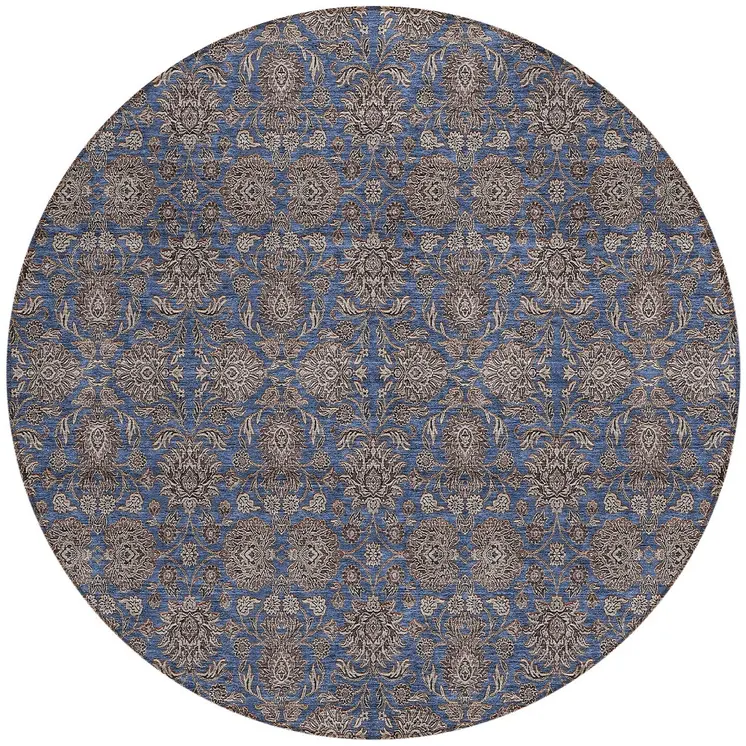 8' Navy Blue Beige And Taupe Round Floral Washable Indoor Outdoor Area Rug