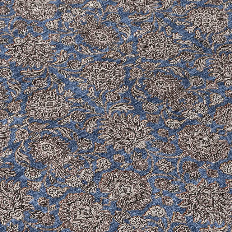 8' Navy Blue Beige And Taupe Round Floral Washable Indoor Outdoor Area Rug
