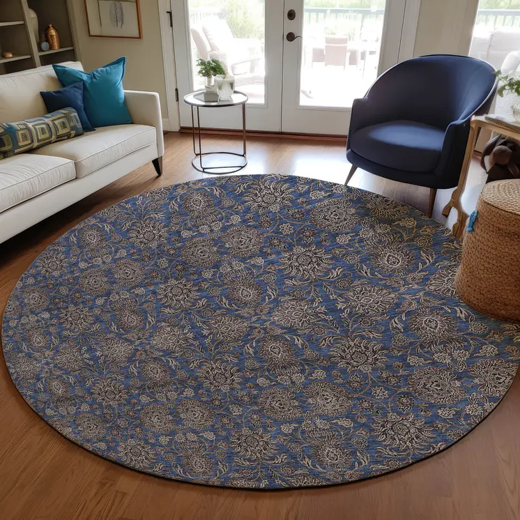 8' Navy Blue Beige And Taupe Round Floral Washable Indoor Outdoor Area Rug