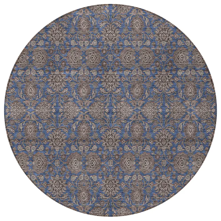 8' Navy Blue Beige And Taupe Round Floral Washable Indoor Outdoor Area Rug