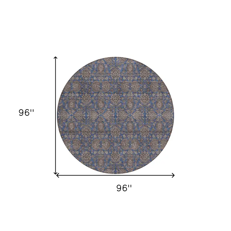 8' Navy Blue Beige And Taupe Round Floral Washable Indoor Outdoor Area Rug