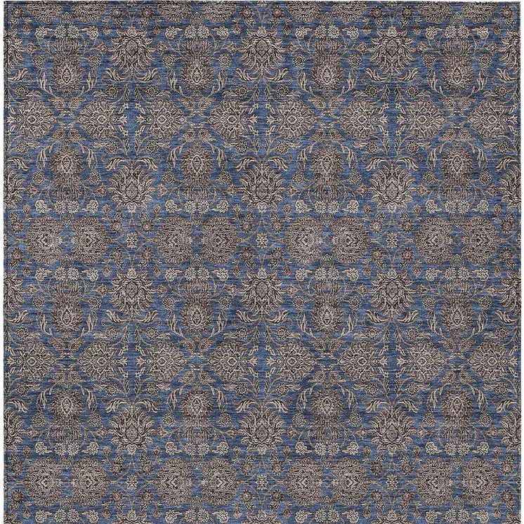 8' X 10' Navy Blue Beige And Taupe Floral Washable Indoor Outdoor Area Rug