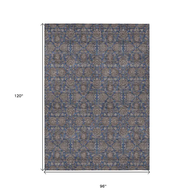 8' X 10' Navy Blue Beige And Taupe Floral Washable Indoor Outdoor Area Rug