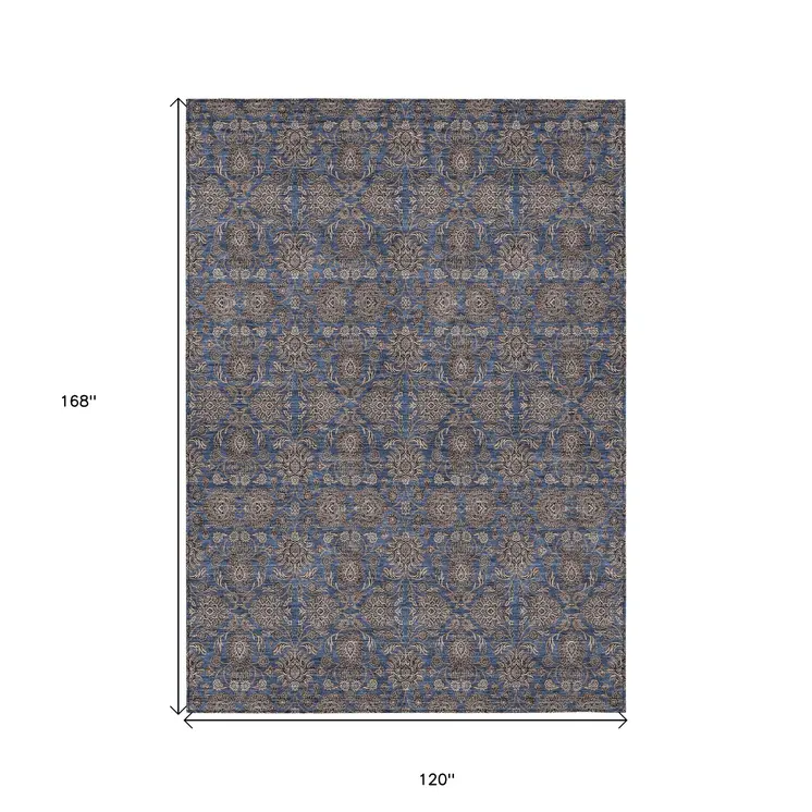 10' X 14' Navy Blue Beige And Taupe Floral Washable Indoor Outdoor Area Rug