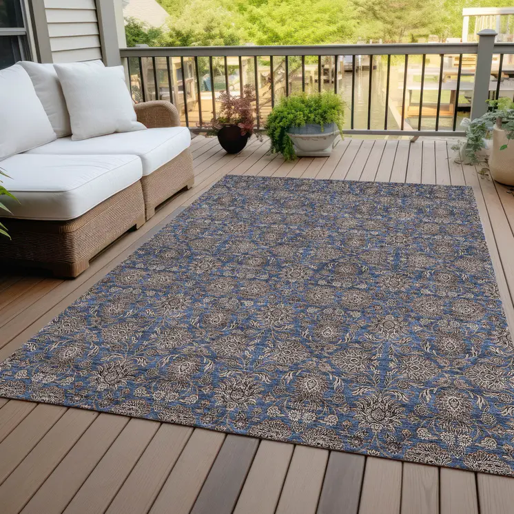 10' X 14' Navy Blue Beige And Taupe Floral Washable Indoor Outdoor Area Rug
